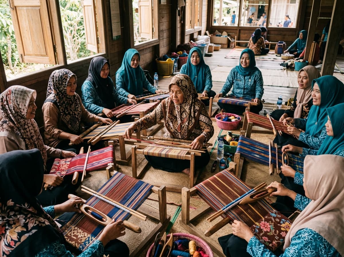 Sekelompok ibu-ibu kader PKK duduk melingkar di balai pertemuan aktif memegang alat tenun dan benang kain dalam pelatihan keterampilan UP2K bersama instruktur